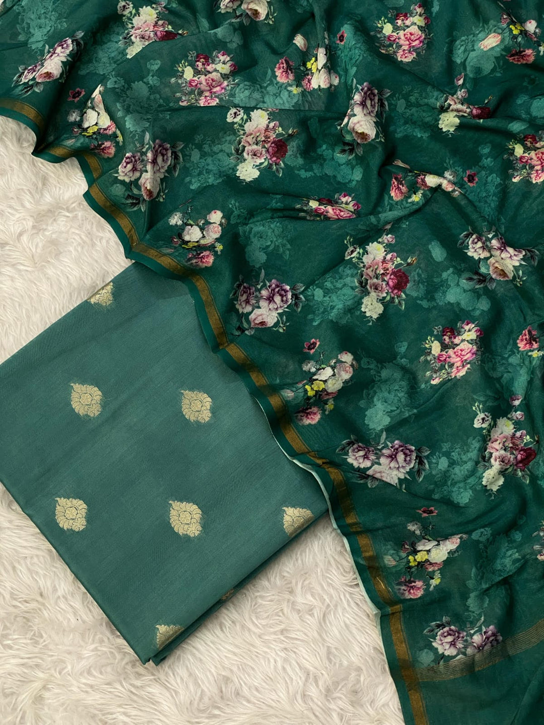 Exclusive Banarasi Mercerised Silk Unstitched Suit with Digital printed Chanderi Silk Dupatta