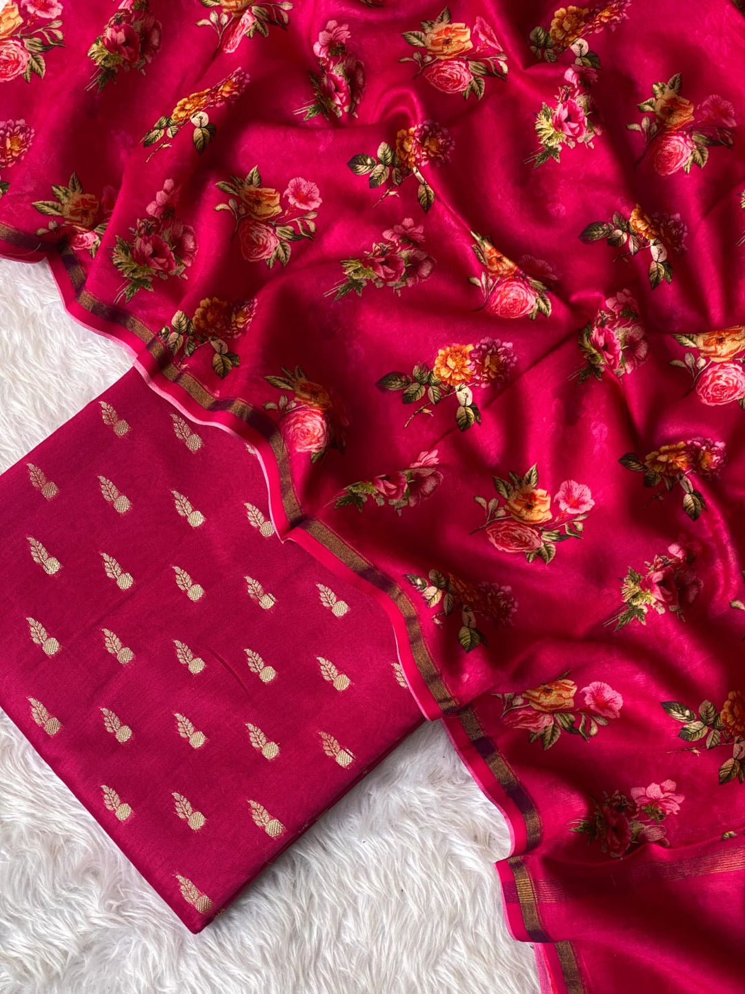 Exclusive Banarasi Mercerised Silk Unstitched Suit with Digital printed Chanderi Silk Dupatta