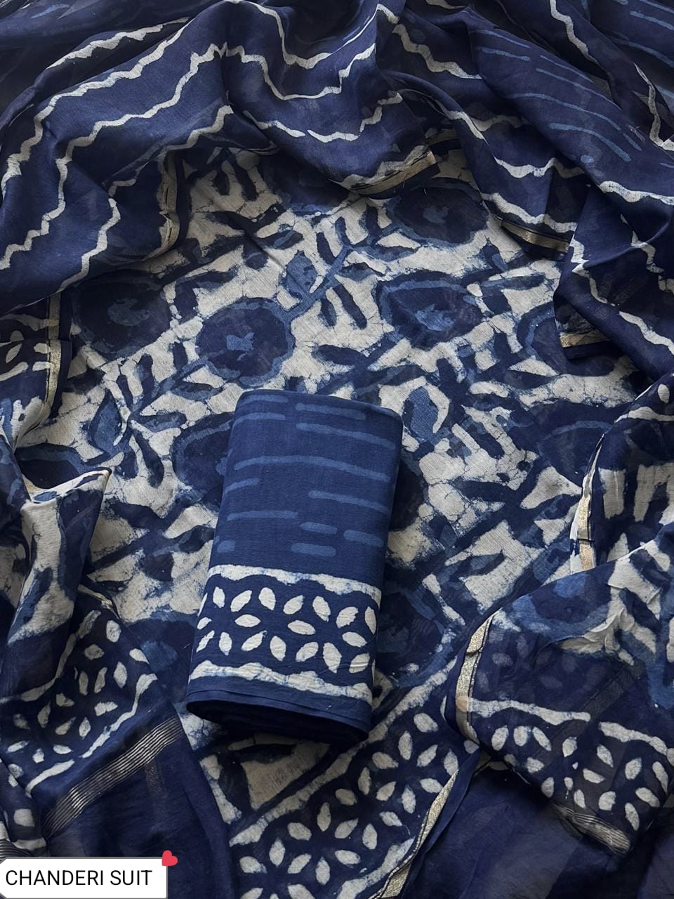 Pure Hand Block Chanderi Silk Unstitched Suit.