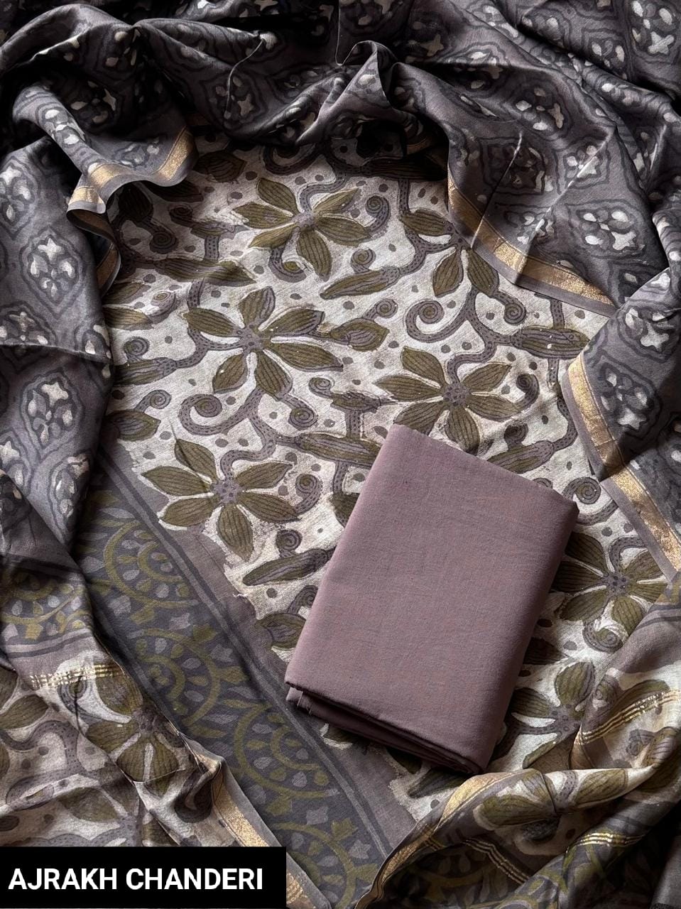 Pure Hand Block Chanderi Silk Unstitched Suit.