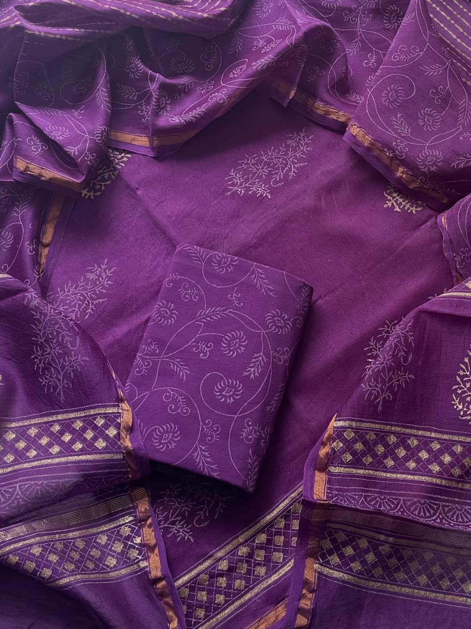 Pure Hand Block Chanderi Silk Unstitched Suit.
