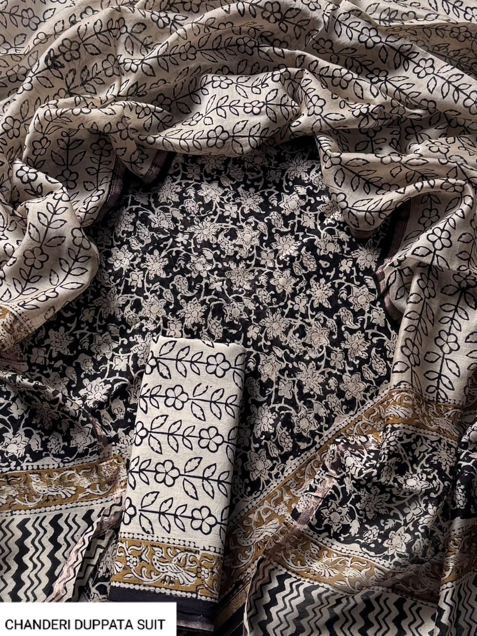 Pure Hand Block Chanderi Silk Unstitched Suit.