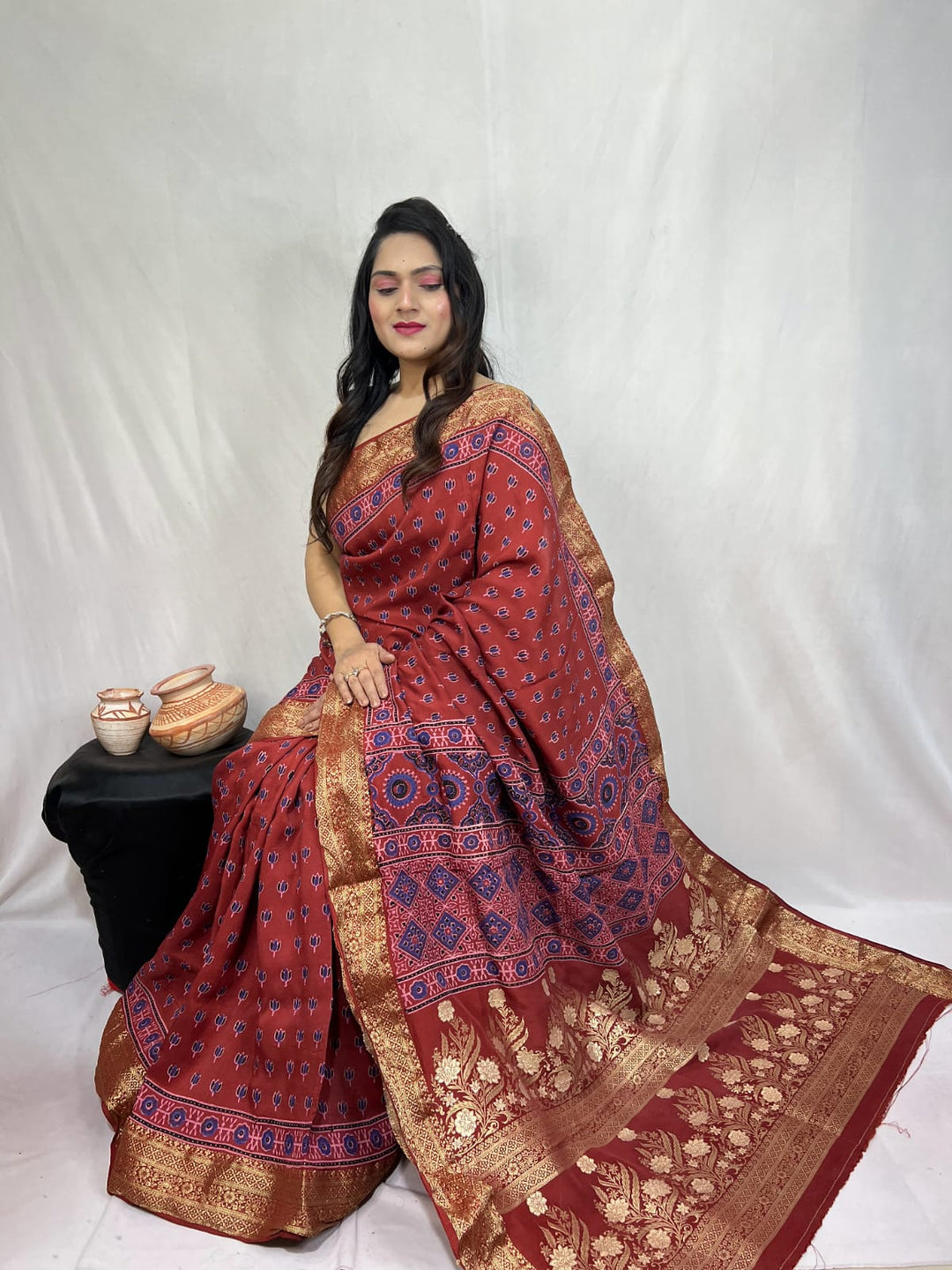 Pure Natural Dyeing Hand Block Ajrakh Print Modal silk saree.