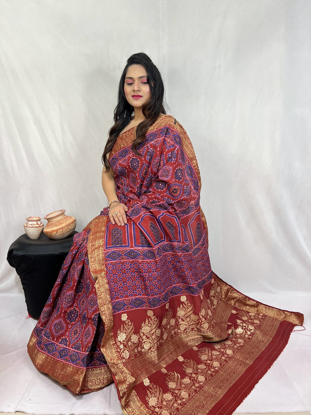 Pure Natural Dyeing Hand Block Ajrakh Print Modal silk saree.