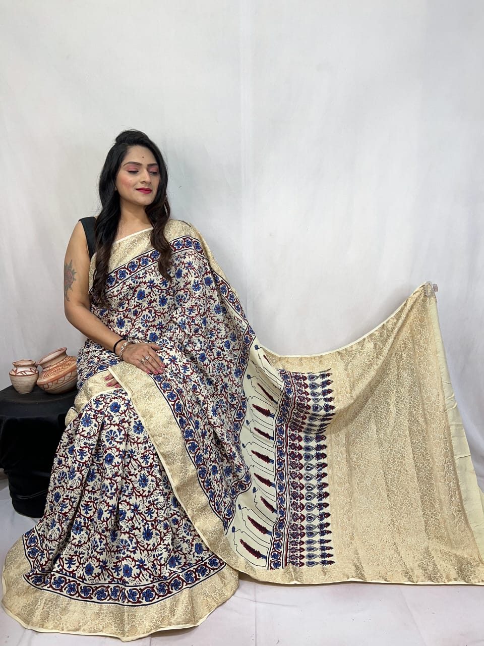 Pure Natural Dyeing Hand Block Ajrakh Print Modal silk saree.