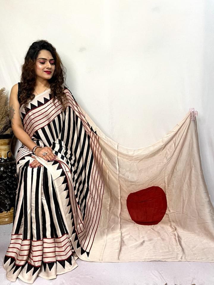 Pure Natural Dyeing Hand Block Ajrakh Print Modal silk saree.