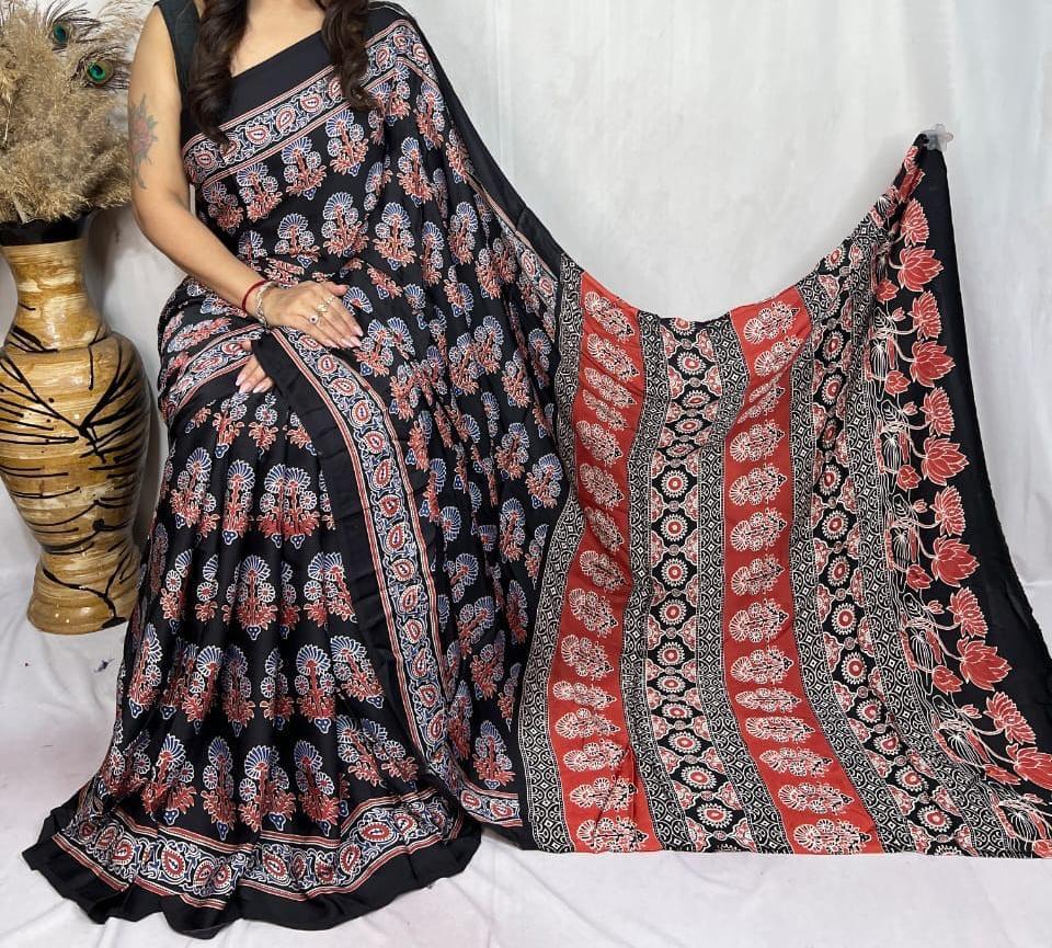 Pure Natural Dyeing Hand Block Ajrakh Print Modal silk saree.