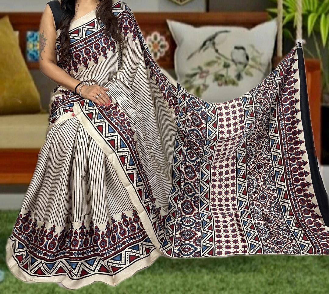 Pure Natural Dyeing Hand Block Ajrakh Print Modal silk saree.