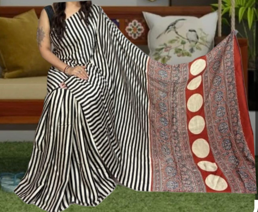 Pure Natural Dyeing Hand Block Ajrakh Print Modal silk saree.