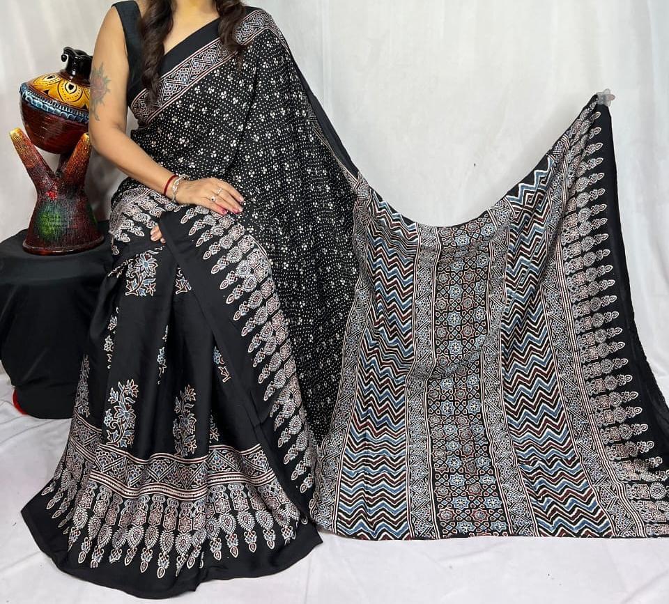 Pure Natural Dyeing Hand Block Ajrakh Print Modal silk saree.