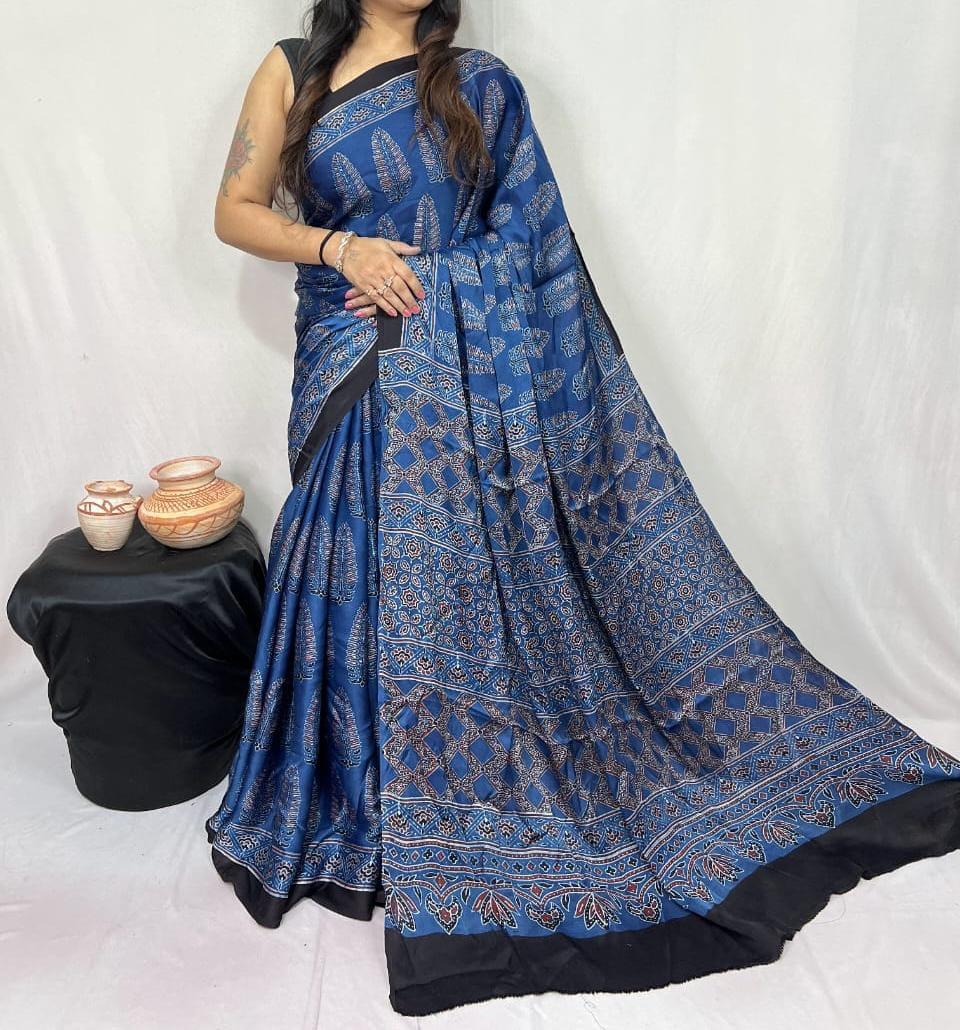 Pure Natural Dyeing Hand Block Ajrakh Print Modal silk saree.