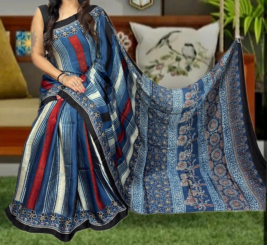 Pure Natural Dyeing Hand Block Ajrakh Print Modal silk saree.