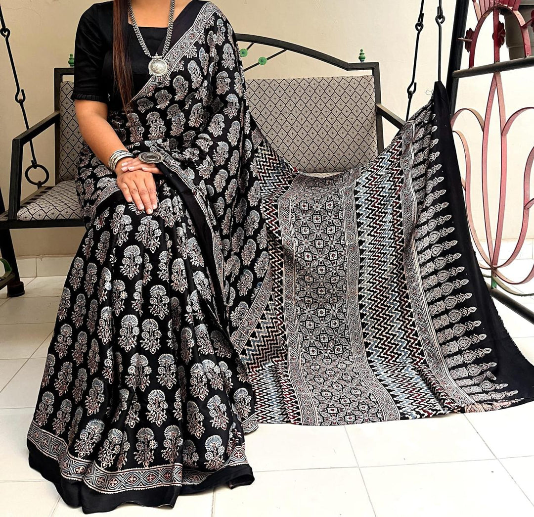 Pure Natural Dyeing Hand Block Ajrakh Print Modal silk saree.