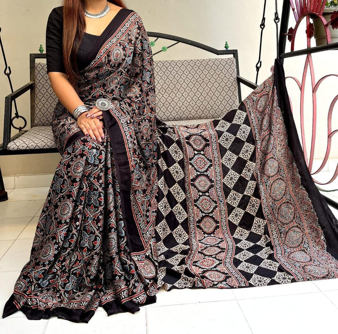 Pure Natural Dyeing Hand Block Ajrakh Print Modal silk saree.