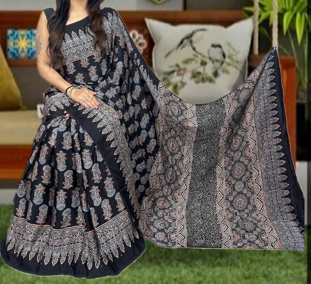 Pure Natural Dyeing Hand Block Ajrakh Print Modal silk saree.