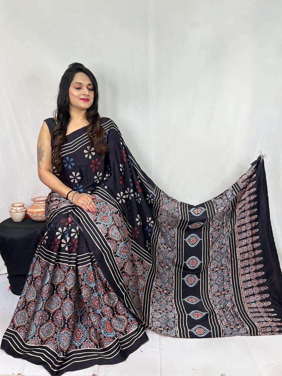 Pure Natural Dyeing Hand Block Ajrakh Print Modal silk saree.