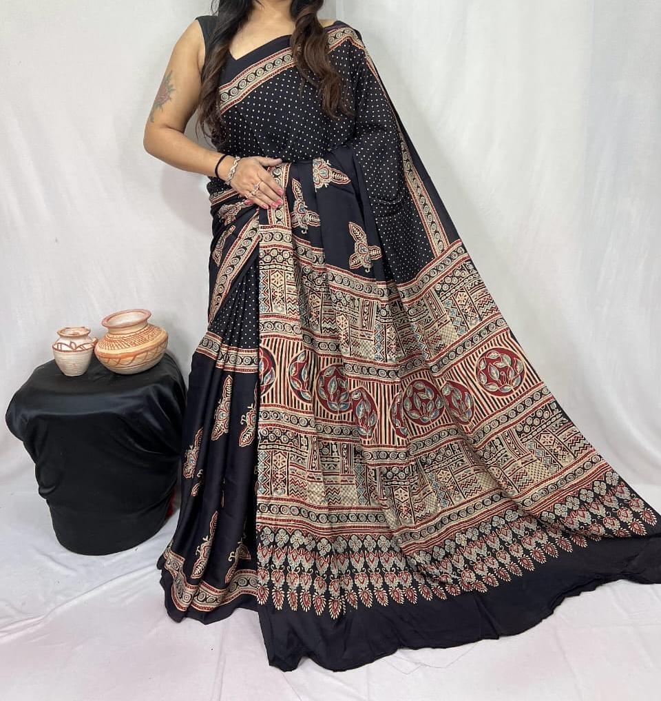 Pure Natural Dyeing Hand Block Ajrakh Print Modal silk saree.