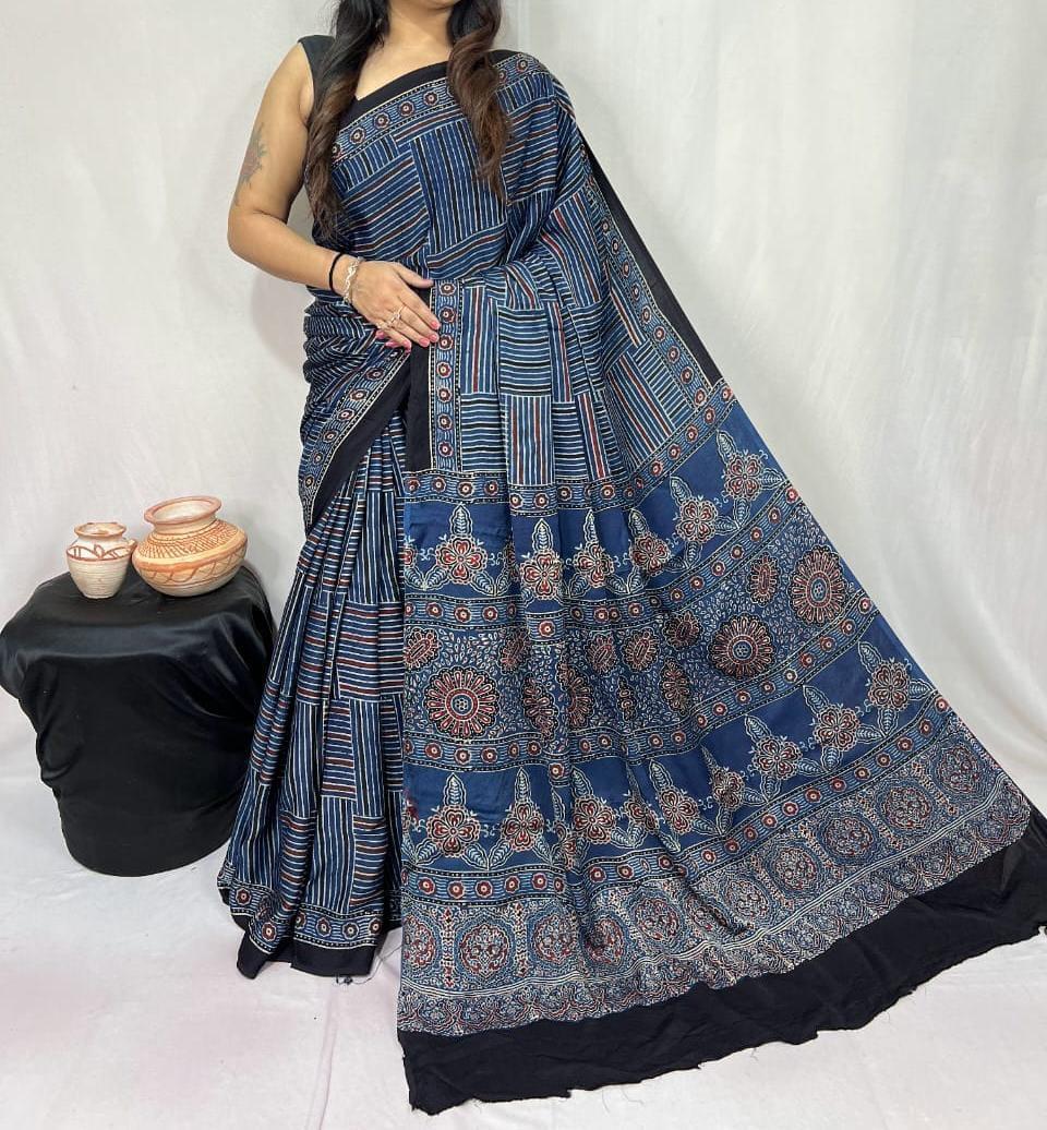Pure Natural Dyeing Hand Block Ajrakh Print Modal silk saree.