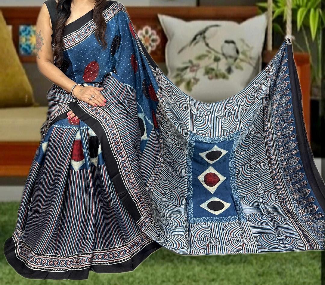 Pure Natural Dyeing Hand Block Ajrakh Print Modal silk saree.