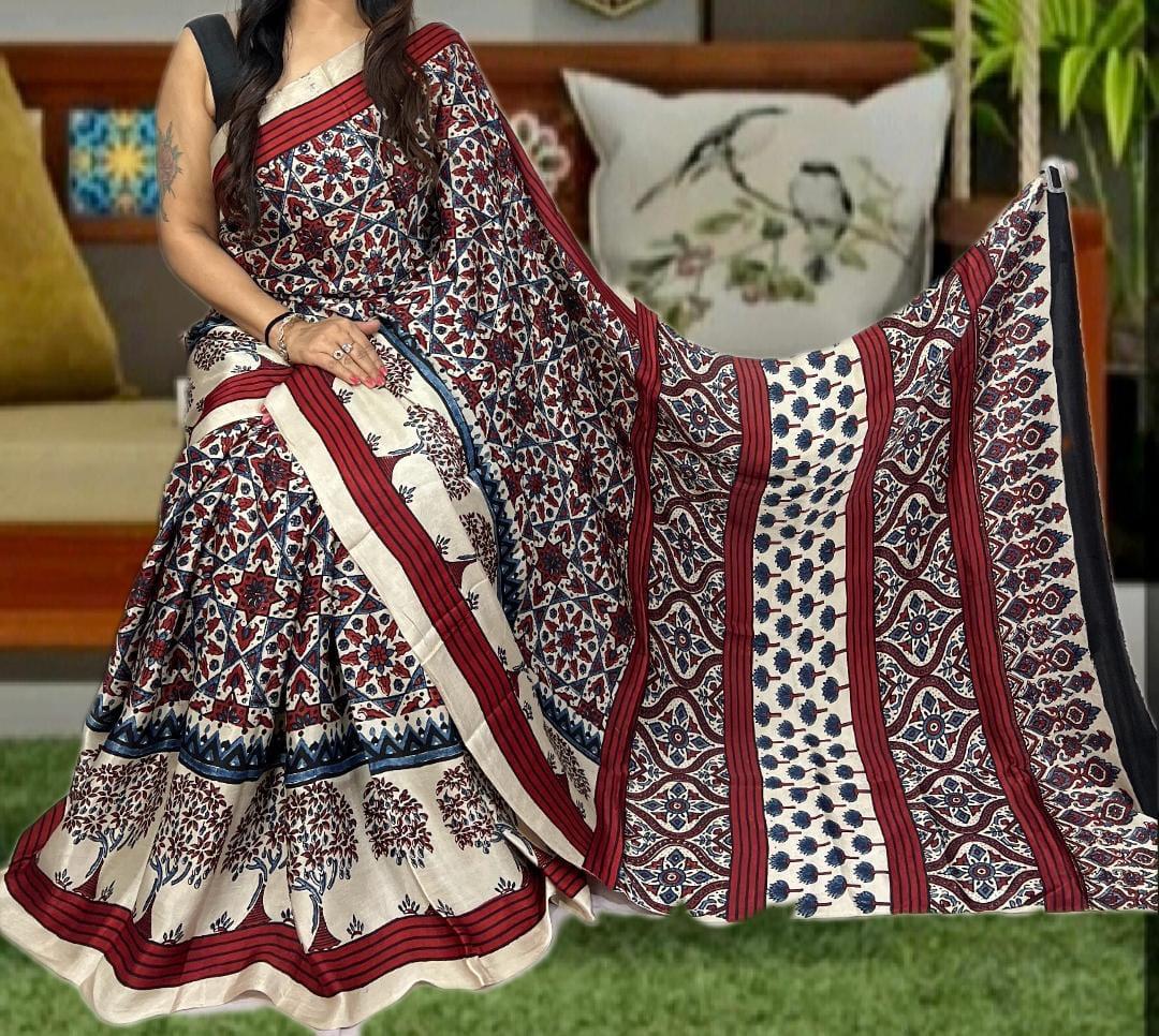 Pure Natural Dyeing Hand Block Ajrakh Print Modal silk saree.