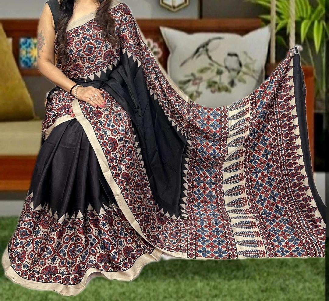 Pure Natural Dyeing Hand Block Ajrakh Print Modal silk saree.