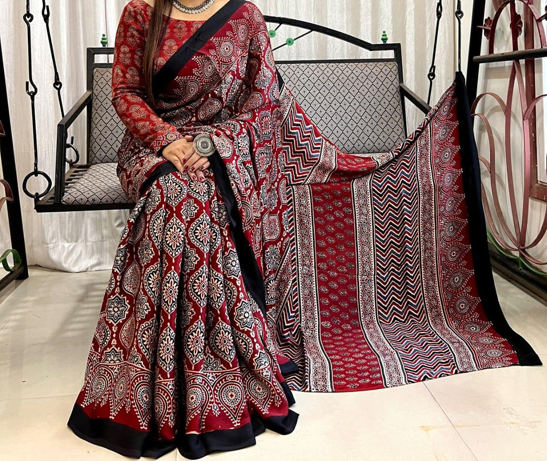 Pure Natural Dyeing Hand Block Ajrakh Print Modal silk saree.