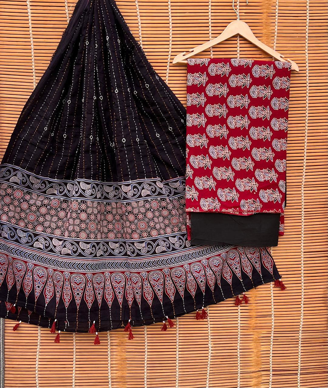 Pure Cotton Azrakh Print Unstitched suit Whit Kantha Work Dupatta