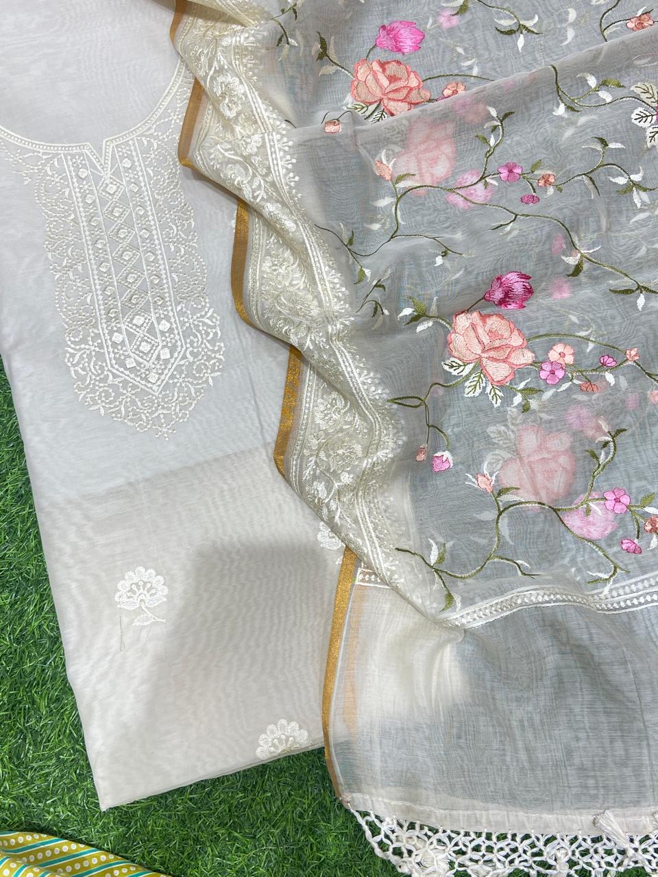 Pure Banarasi Resham Mul Chanderi Silk Embroidery Work Unstitched Suit