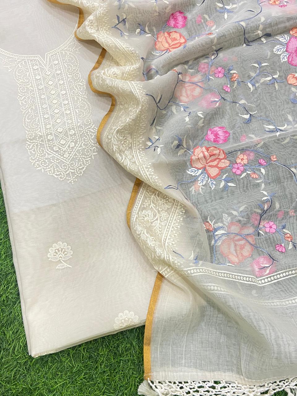 Pure Banarasi Resham Mul Chanderi Silk Embroidery Work Unstitched Suit