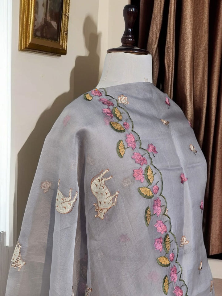 Pure Organza Silk Pichwai Work Unstitched Suit