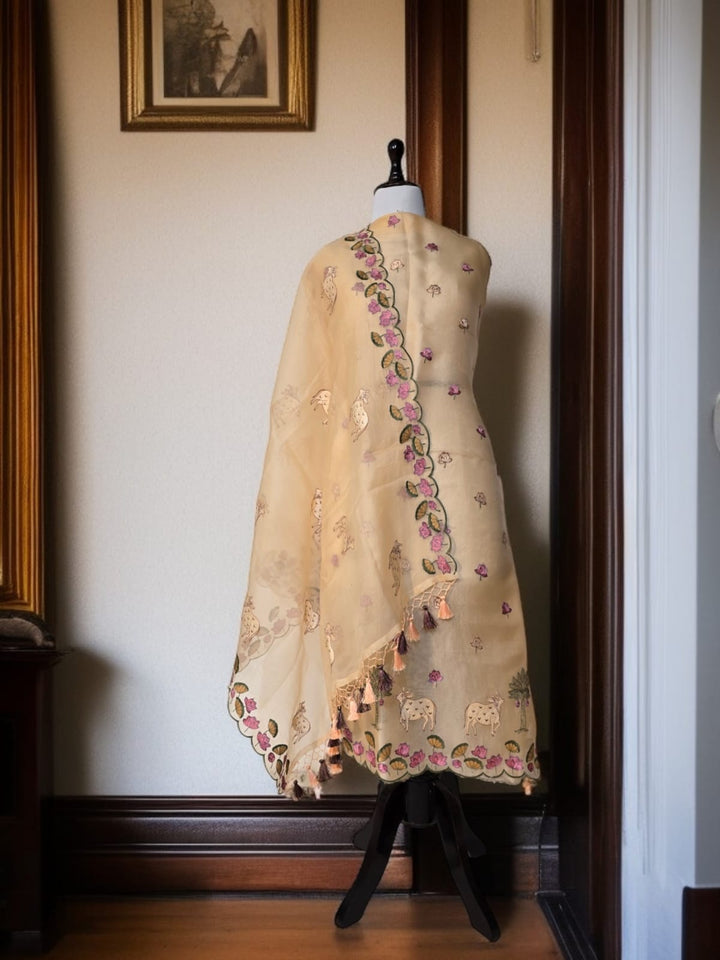 Pure Organza Silk Pichwai Work Unstitched Suit