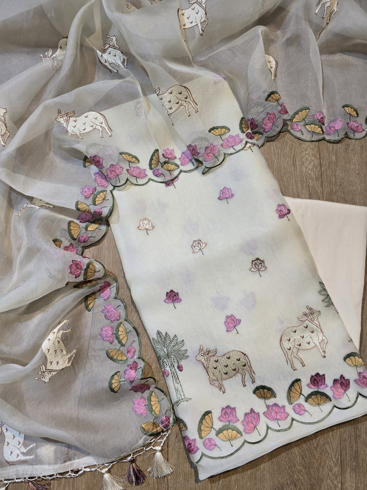 Pure Organza Silk Pichwai Work Unstitched Suit