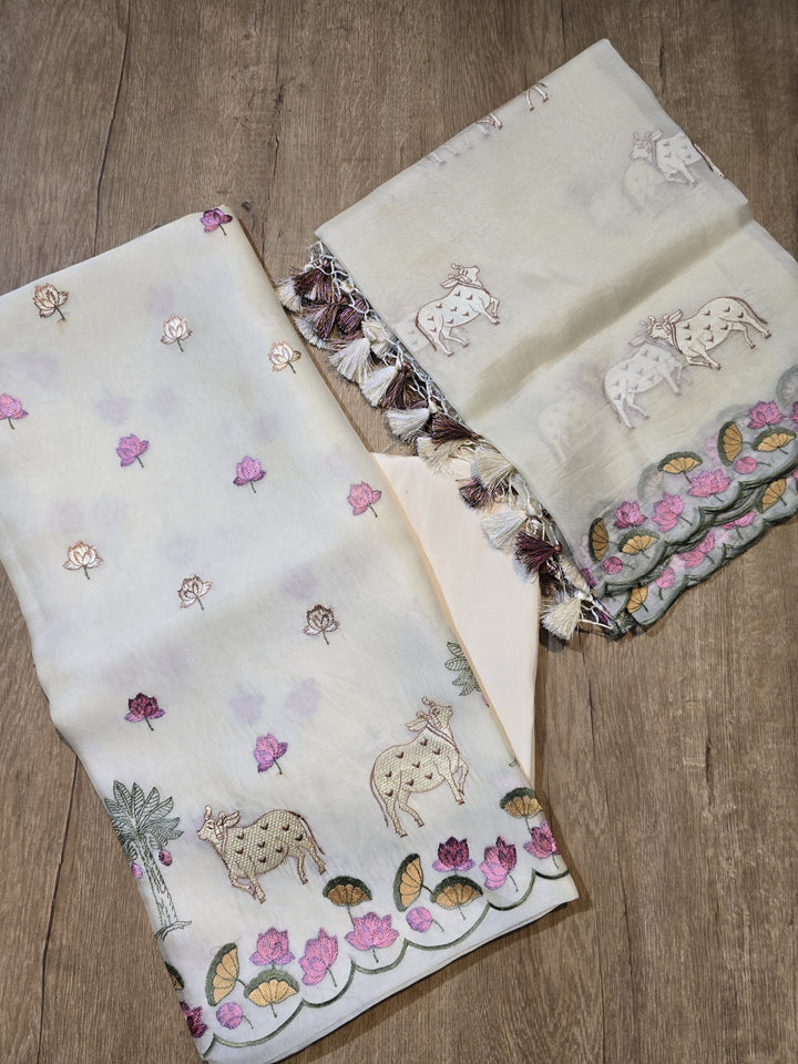 Pure Organza Silk Pichwai Work Unstitched Suit