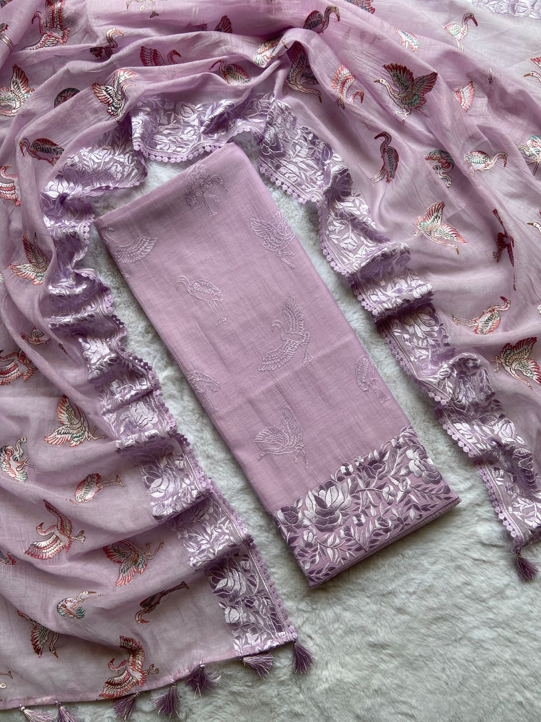 Pure Banarasi Mul Cotton Unstitched Suit With Flamingo Embroidery Work