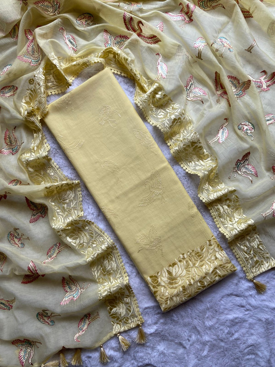 Pure Banarasi Mul Cotton Unstitched Suit With Flamingo Embroidery Work