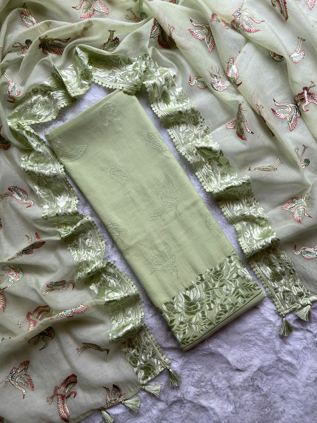 Pure Banarasi Mul Cotton Unstitched Suit With Flamingo Embroidery Work