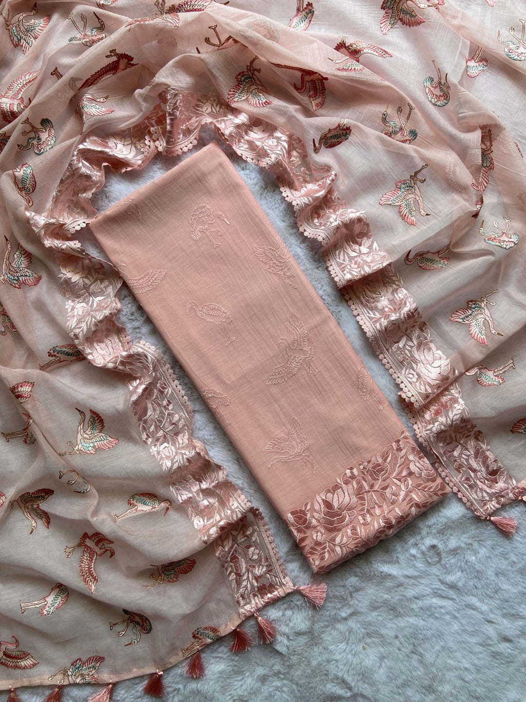 Pure Banarasi Mul Cotton Unstitched Suit With Flamingo Embroidery Work