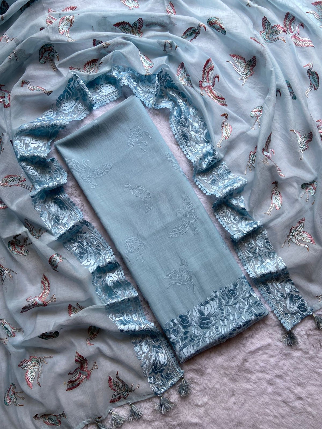 Pure Banarasi Mul Cotton Unstitched Suit With Flamingo Embroidery Work