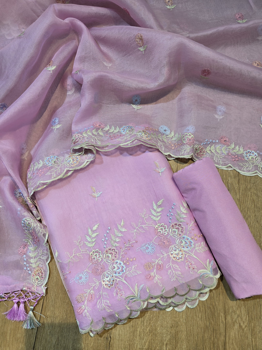 Pure Organza Silk Chikankari Work Unstitched Suit