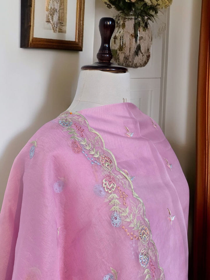 Pure Organza Silk Chikankari Work Unstitched Suit