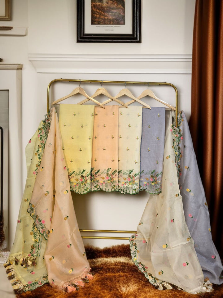 Pure Organza Silk Chikankari Work Unstitched Suit