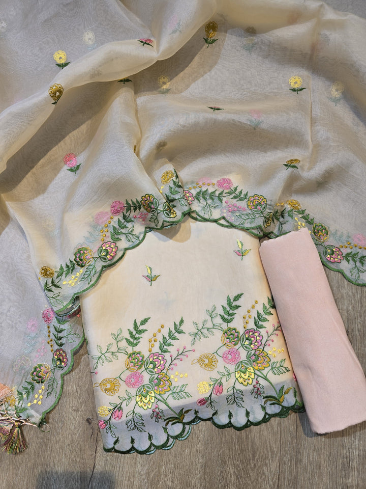 Pure Organza Silk Chikankari Work Unstitched Suit