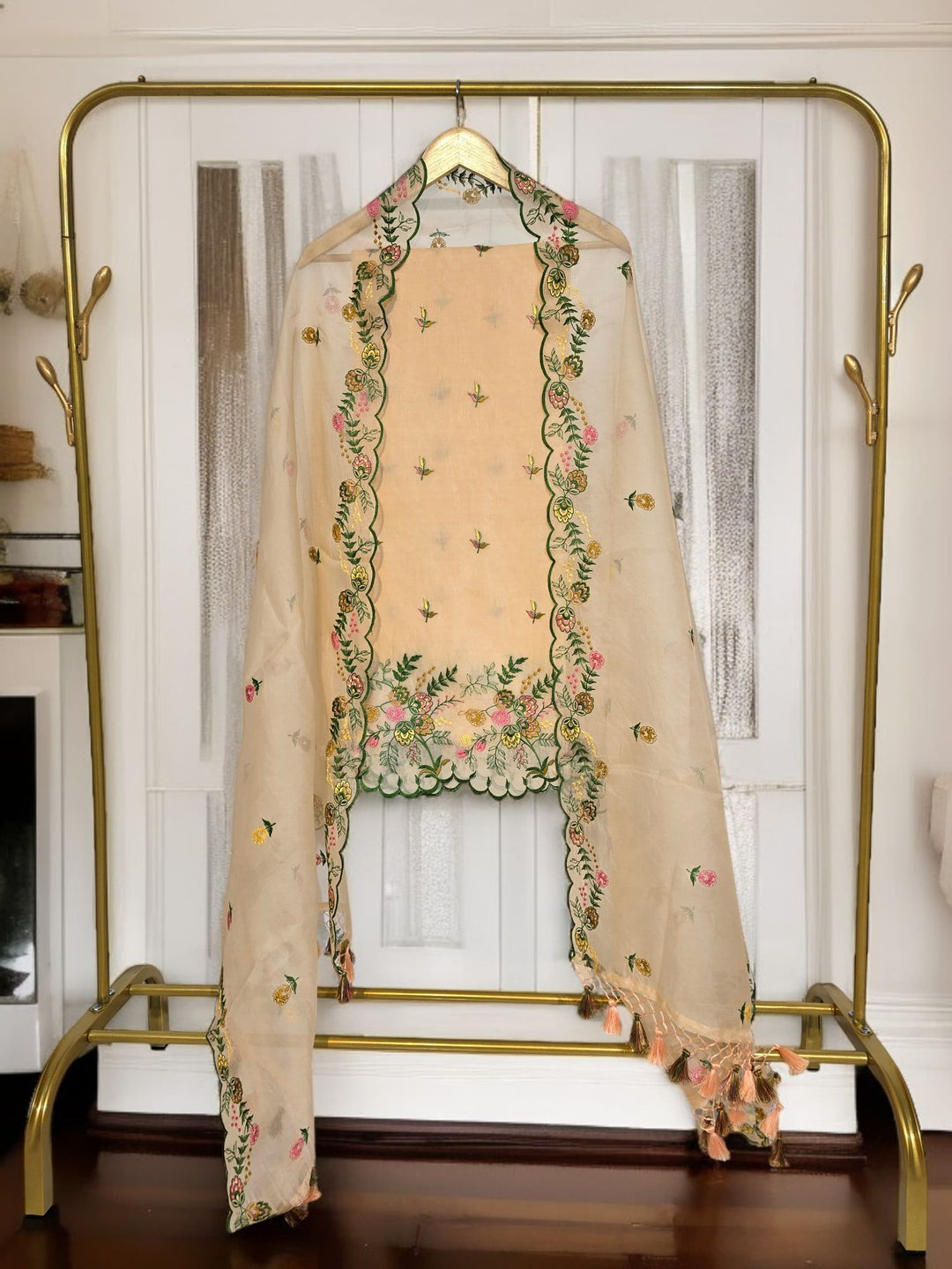 Pure Organza Silk Chikankari Work Unstitched Suit