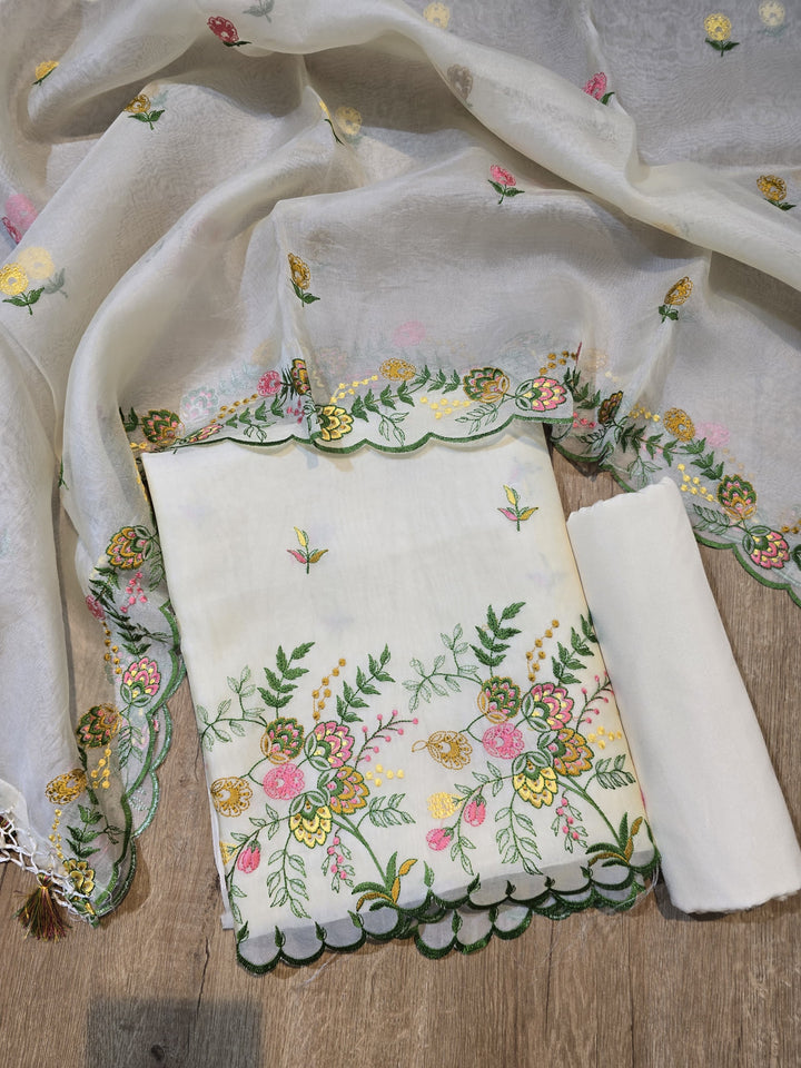 Pure Organza Silk Chikankari Work Unstitched Suit