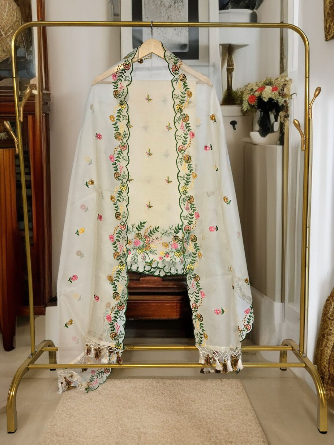 Pure Organza Silk Chikankari Work Unstitched Suit