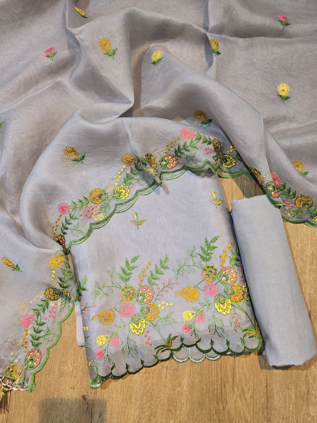 Pure Organza Silk Chikankari Work Unstitched Suit