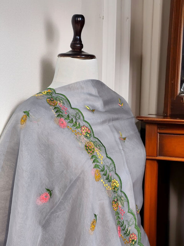 Pure Organza Silk Chikankari Work Unstitched Suit