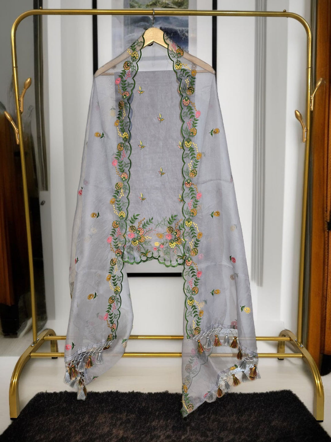 Pure Organza Silk Chikankari Work Unstitched Suit