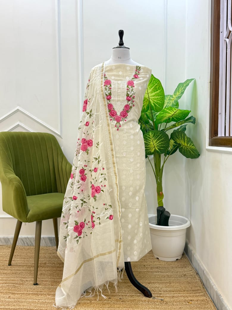 Banarasi Chanderi Silk 3 Pc Unstitched Suit With Digital Print Dupatta
