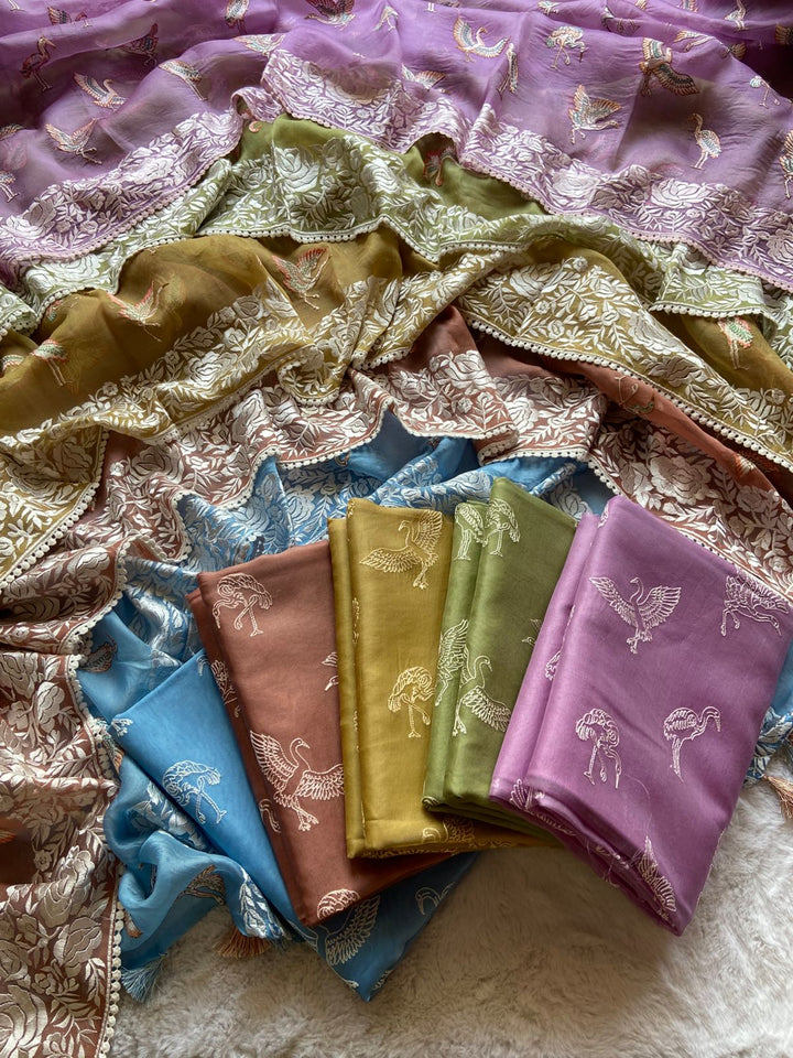 Pure Banarasi Organza Silk Unstitched Suit with Parsi Work